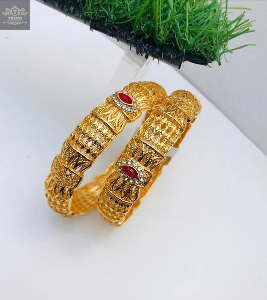 Gold Plated Bangles Set (2-Piece)  red gemstone embellishments - TREND NEST ENTICE FASHION