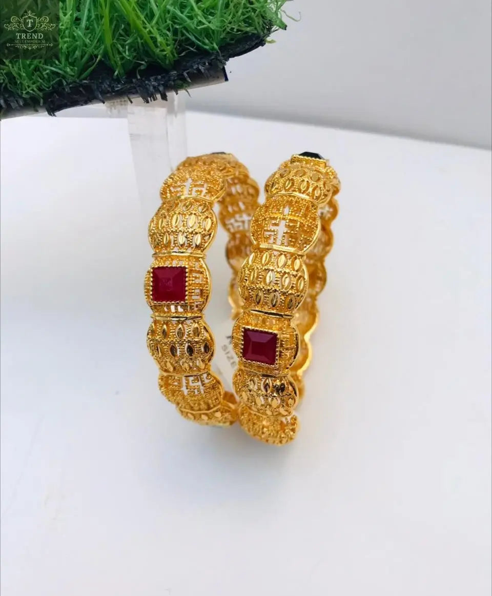 Gold Plated Bangles Set (2-Piece) with Red Stone - TREND NEST ENTICE FASHION