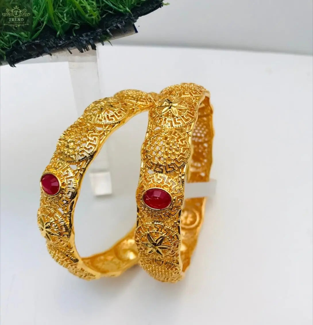 Gold Plated Bangles Set (2-Piece) with Red Stone - TREND NEST ENTICE FASHION