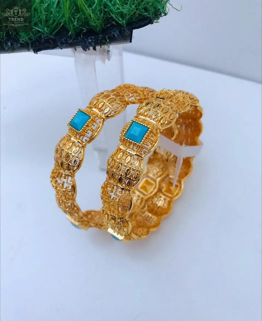 Gold Plated Bangles Set (2-Piece) with Turquoise Stone - TREND NEST ENTICE FASHION