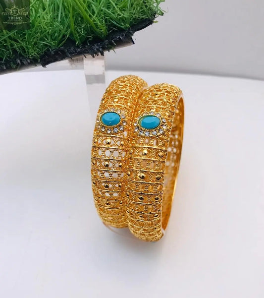 Gold Plated Bangles Set (2-Piece) with Turquoise Stone - TREND NEST ENTICE FASHION