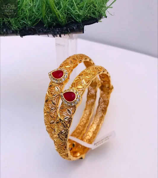 Gold Plated Bangles Set with Red Teardrop Gemstones (2-Piece - TREND NEST ENTICE FASHION